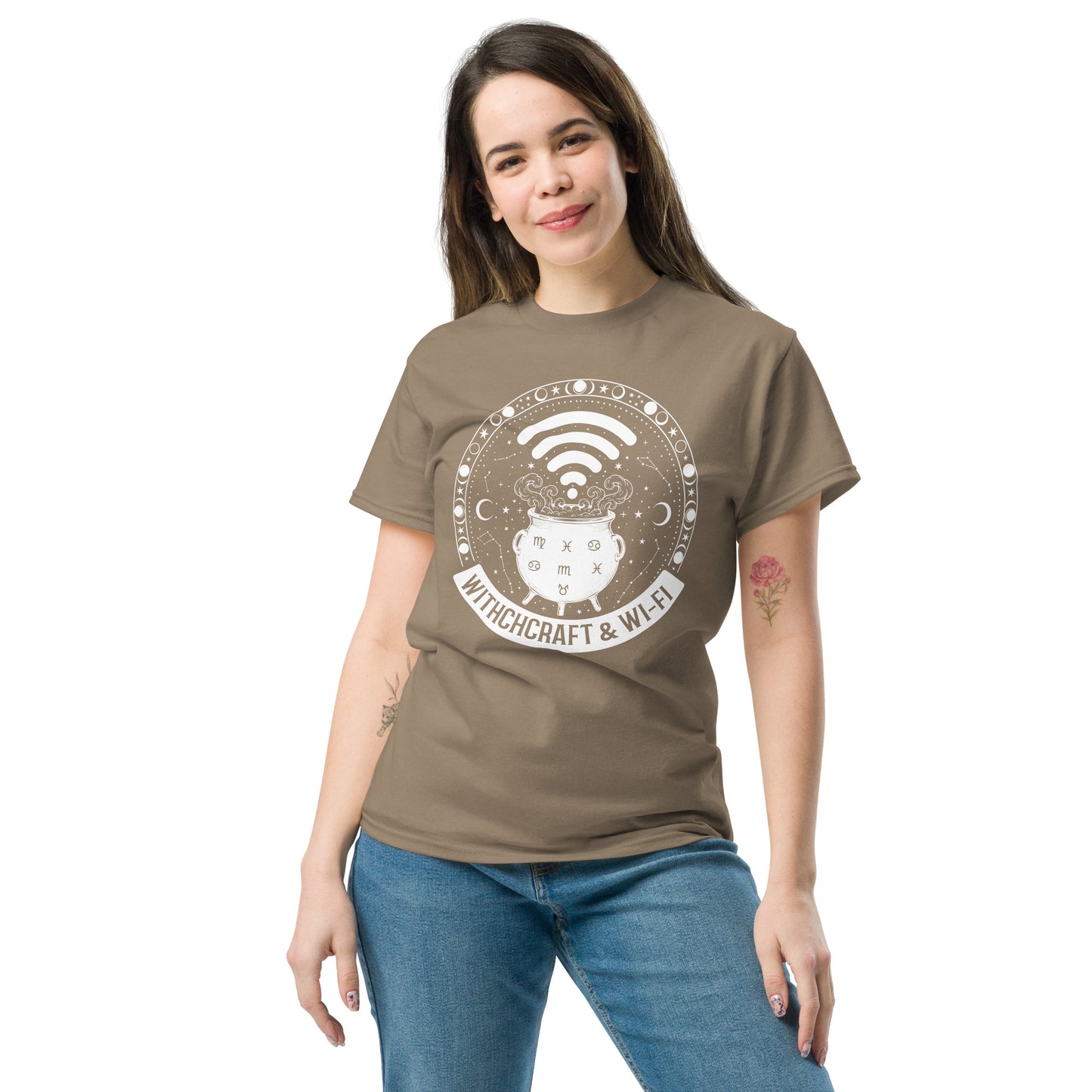 Witchcraft & Wi-Fi T-Shirt | Funny Modern Witch Tee | Occult Humor Celestial Shirt | Magical Cauldron Graphic Tee