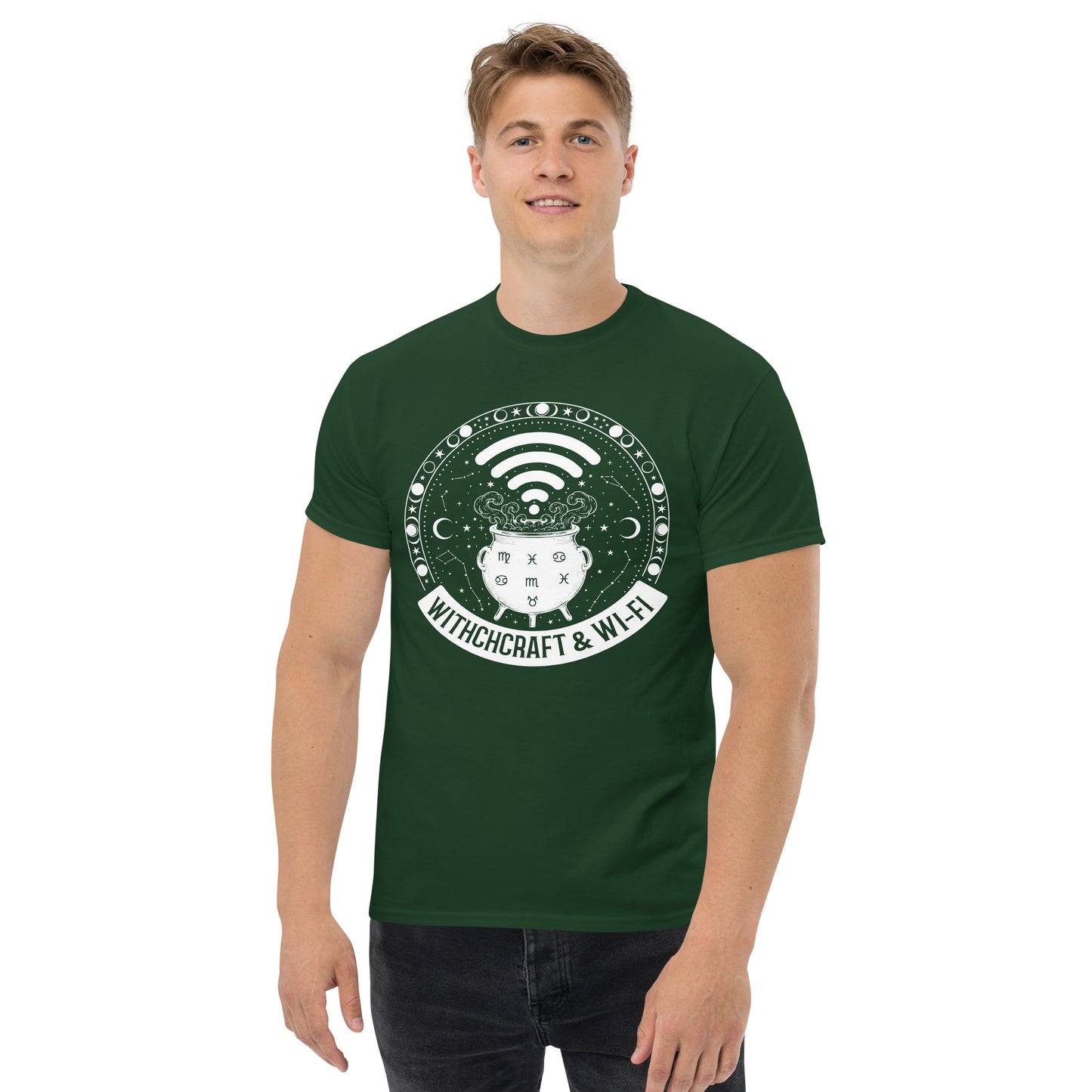 Witchcraft & Wi-Fi T-Shirt | Funny Modern Witch Tee | Occult Humor Celestial Shirt | Magical Cauldron Graphic Tee