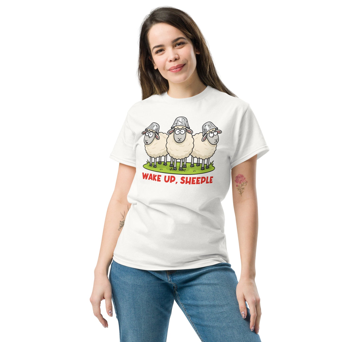 Wake Up Sheeple T-Shirt | Funny Conspiracy Theory Tee | Tin Foil Hat Sheep Graphic Shirt