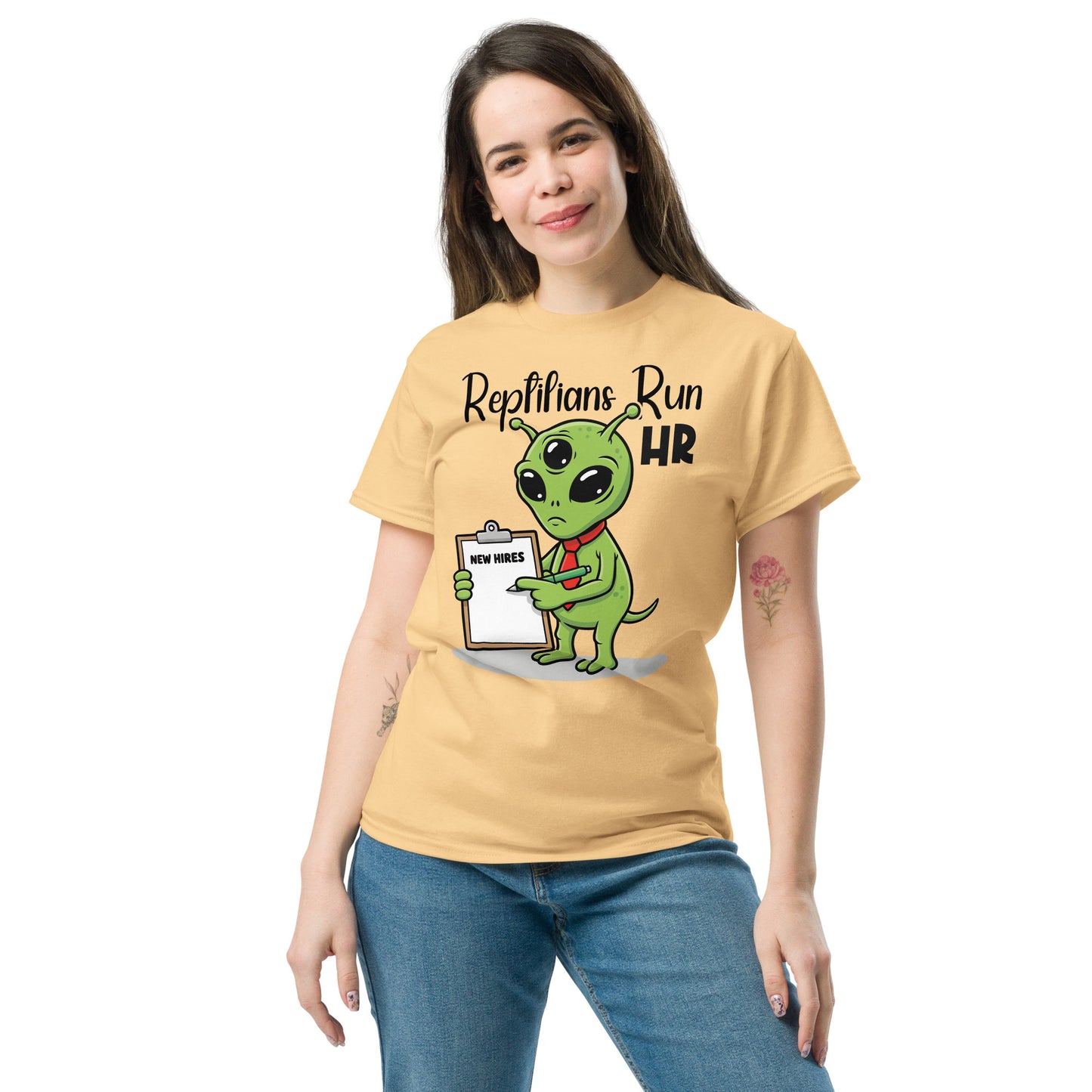 Reptilians Run HR T-Shirt, Funny Alien Conspiracy Theory Unisex Classic Tee