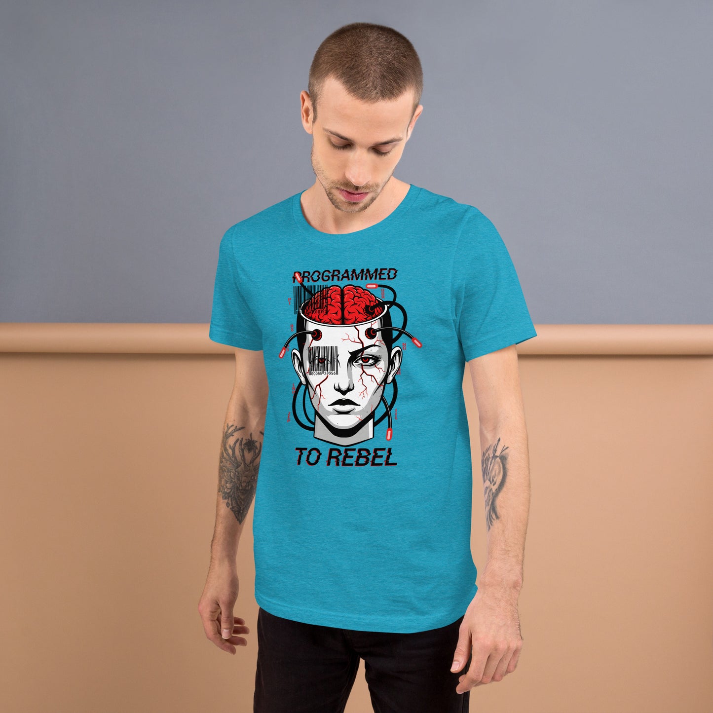Programmed To Rebel Cyberpunk Dystopian T-Shirt | Mind Control Barcode Brain Graphic