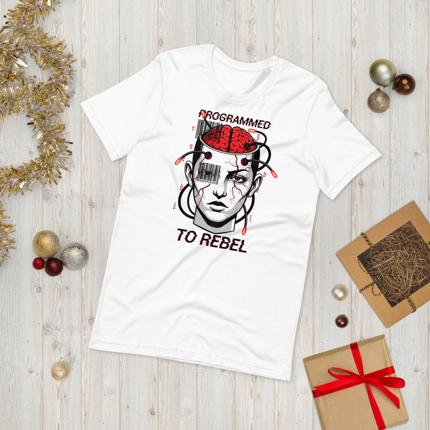 Programmed To Rebel Cyberpunk Dystopian T-Shirt | Mind Control Barcode Brain Graphic