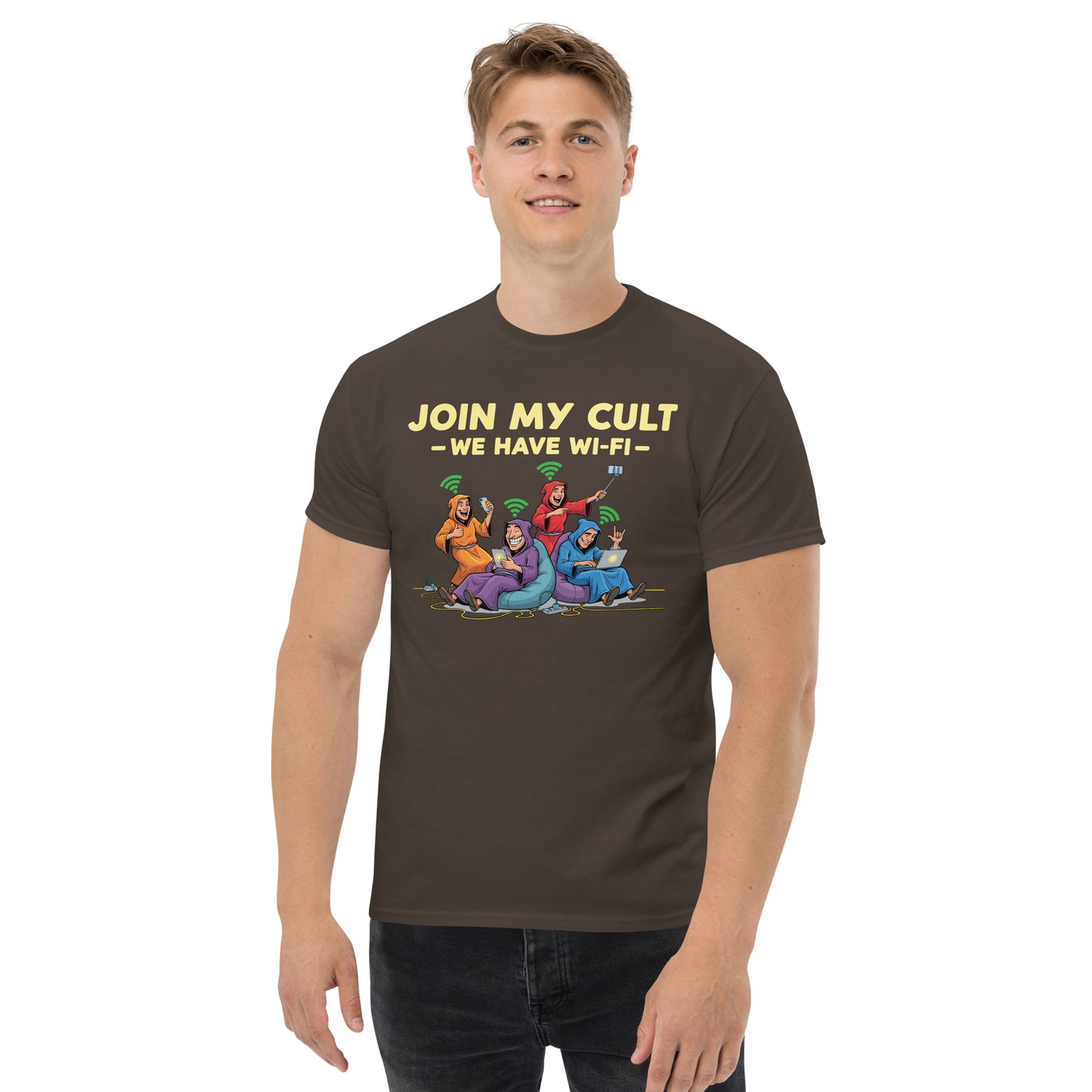 Join My Cult We Have Wi-Fi T-Shirt | Funny Internet Satire Tee