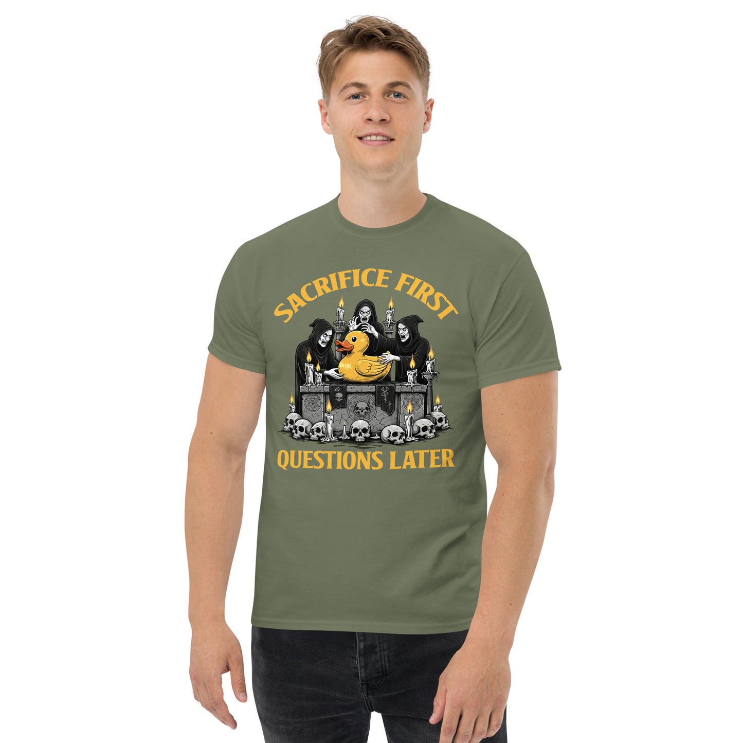 Sacrifice First Questions Later T-Shirt - Gothic Humor Rubber Ducky Cult Tee