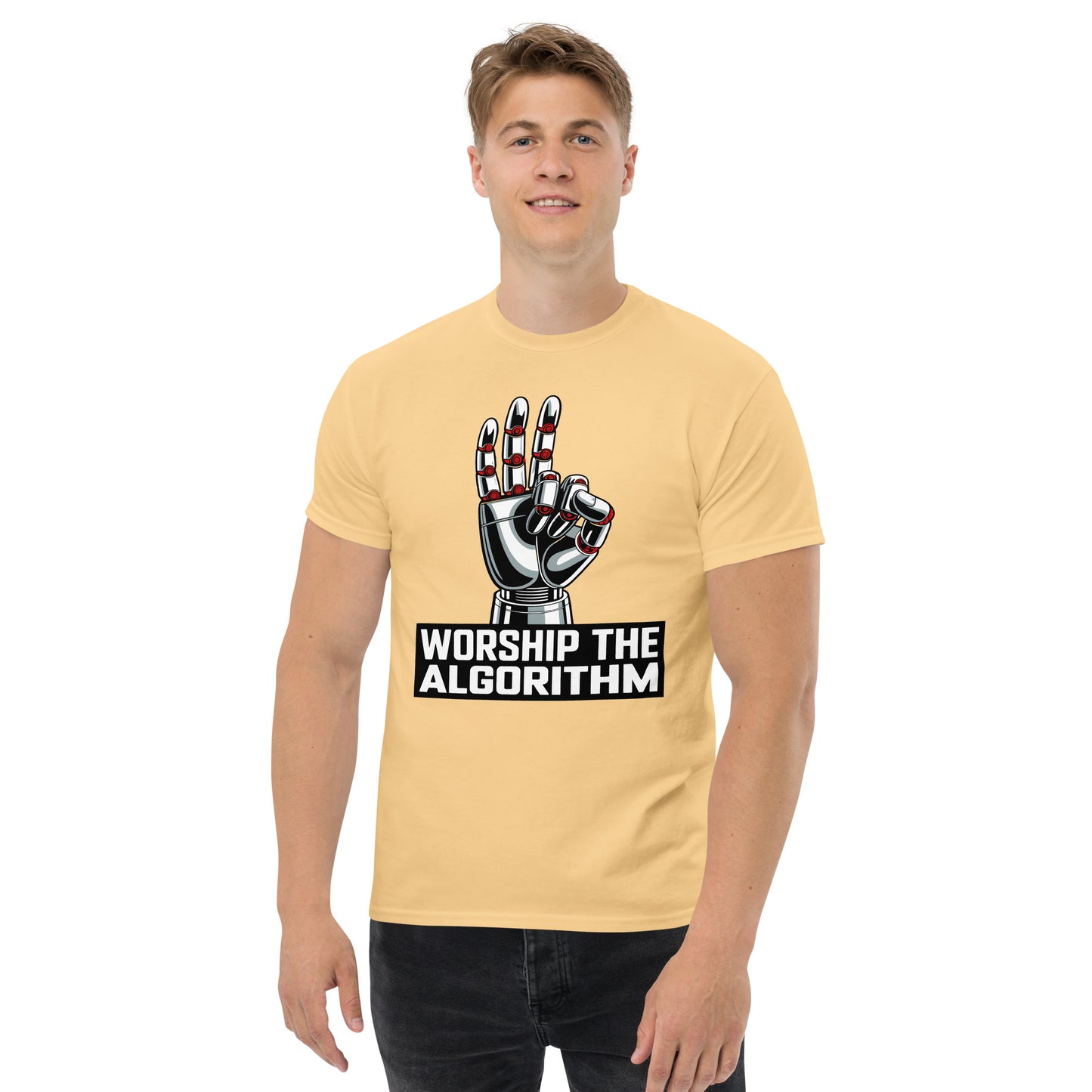 Worship The Algorithm Dystopian Tee | Mind Control AI Robot Hand Unisex classic tee