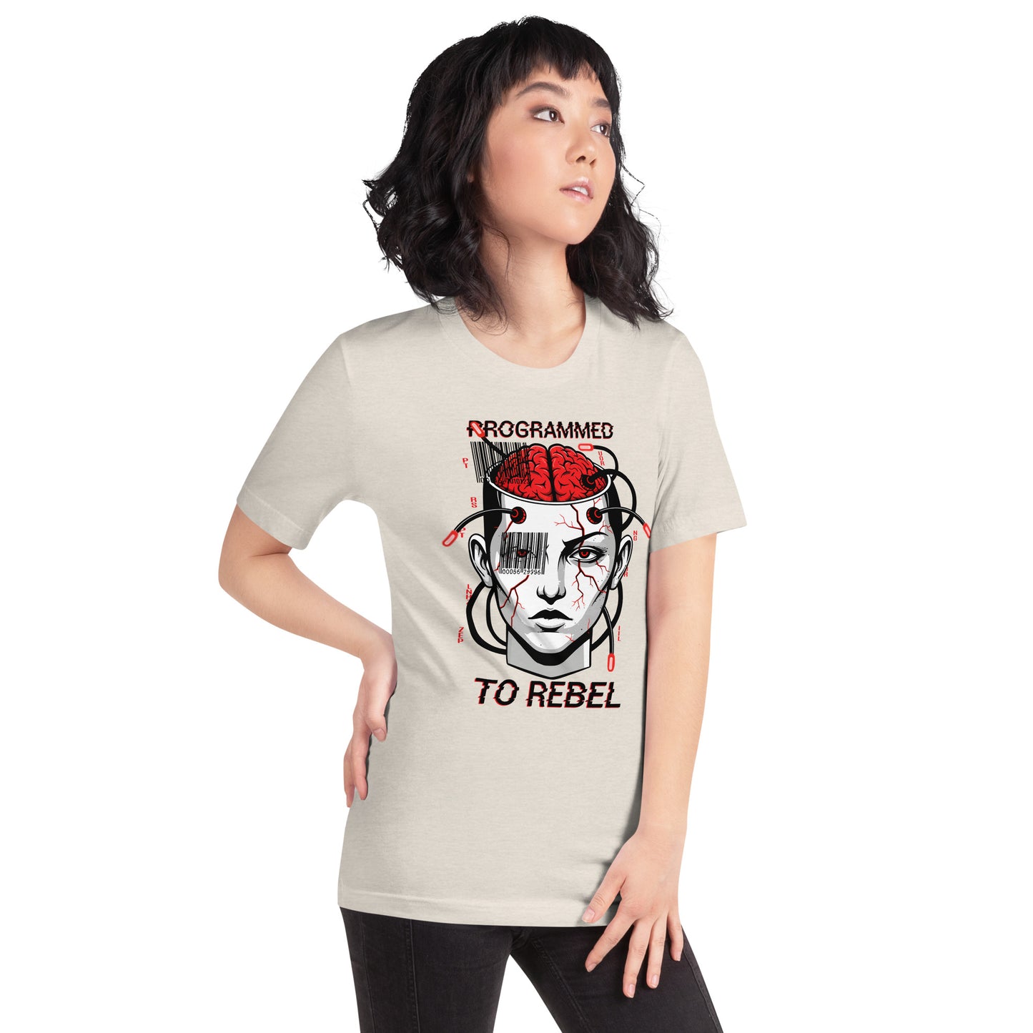 Programmed To Rebel Cyberpunk Dystopian T-Shirt | Mind Control Barcode Brain Graphic